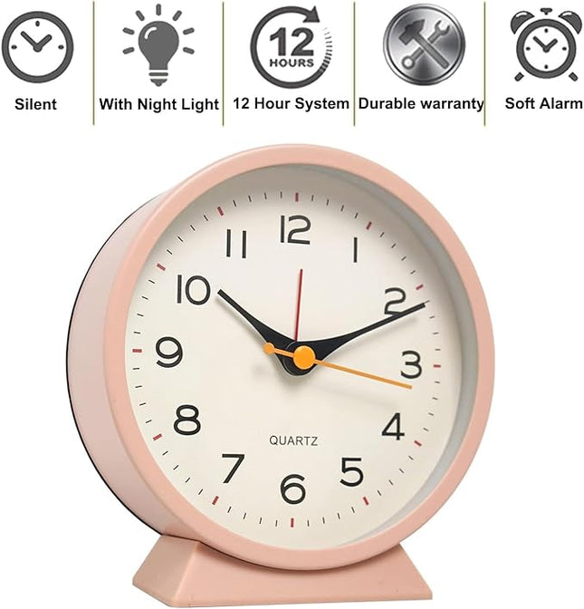 SHISEDECO 4.5" Battery Operated Antique Retro Analog Alarm Clock, Small Silent Bedside Deskclock with Light Function, Non-Ticking Tableclock Decor for Living Room, Bedroom, Bedside, Shelf (Pink)