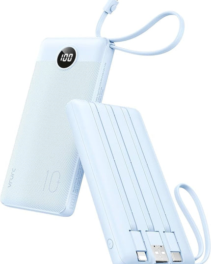 VRURC 10000mAh Power Bank Built-in Cables, Portable Charger with LED Display, Slim Travel Battery Pack with Cords, 5 Output Dual Input Phone Charger for Cell Phone Smart Devcies-Blue(1 Pack)