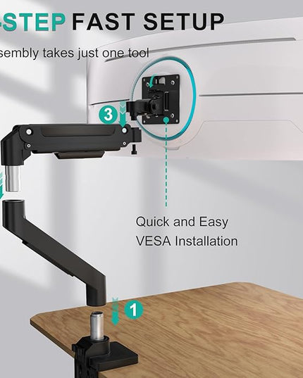 WALI Ultrawide Monitor Arm for 17-49 Inch Heavy Duty Curved Screens, Holds up to 44 Lbs, Adjustable Gas Spring Single Monitor Desk Mount with C-Clamp, Grommet Base, 75/100mm VESA, (GSM001XL), Black