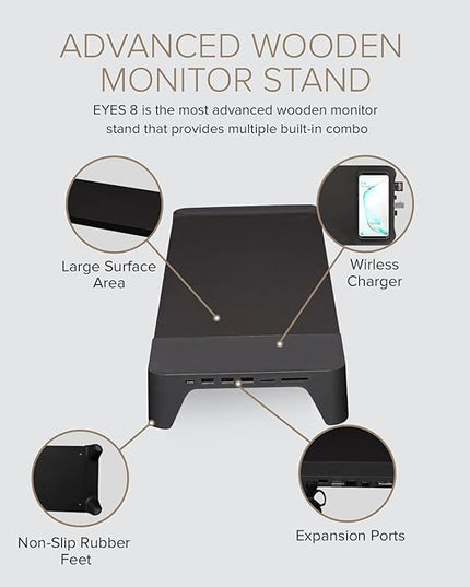 POUT E8 Wood Desk Monitor Computer Stand Riser Shelf + USB HUB + Qi Fast Wireless Charging Charger Pad Mat for Laptop, Apple, iMac, PC, iPhone, Samsung Galaxy, Airpod 2, Buds (Black)