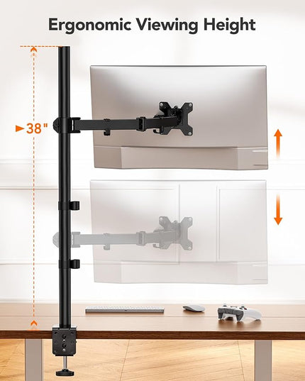 Single Monitor Desk Mount, Fully Adjustable Stand for 13-27″ Monitors, Holds Up to 22 lbs, Height, Swivel, Tilt Adjustments, C Clamp/Grommet Mount Options, Built-in Cable Management