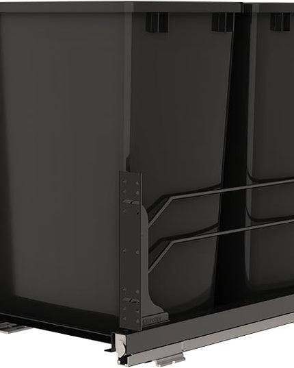 Rev-A-Shelf Double Pullout Trash Can for Under Kitchen Cabinets 35 Qt. 8.75 Gallon w/Soft-Close Slides for 18” Base Cabinets Black, 53WC-1835SCDM-218