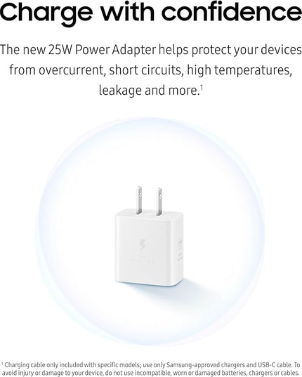 SAMSUNG 25W Wall Charger Power Adapter with Cable, Super Fast Charging, Compact Design, Compatible with Galaxy and USB Type C Devices, White