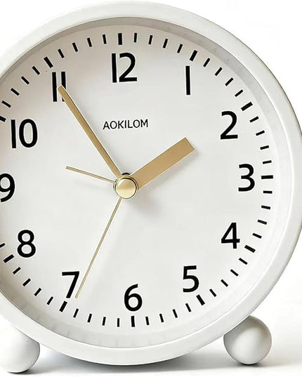 AOKILOM Analog Alarm Clock, Non-Ticking Silent Travel Small Clock, Battery Operated with On-Demand Light, Easy Set Gentle Wake, Ideal Decor for Bedroom, Bedside, Desk,Office(White)