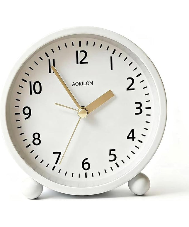 AOKILOM Analog Alarm Clock, Non-Ticking Silent Travel Small Clock, Battery Operated with On-Demand Light, Easy Set Gentle Wake, Ideal Decor for Bedroom, Bedside, Desk,Office(White)