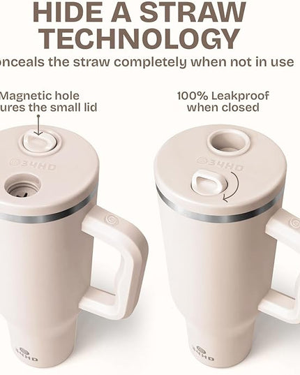 34HD 40 oz Stainless Steel Tumbler - Leakproof Insulated Water Bottle with Handle, Magnetic Lid and Flexible Straw - Iced for 48 Hours – Perfect for Men, Women, Birthday Gift, White - Vanilla Cloud