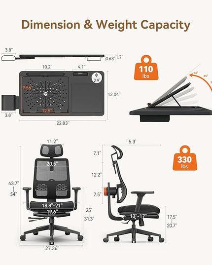 Newtral Office Chair Ergonomic with Footrest, Auto-Following Lumbar Support, High Back Desk Chair with 4D Armrest,136° Tilt Lock, Adjustable Seat Depth & Height (Upgrade with Laptop Tray, Black)
