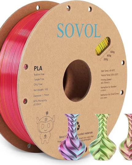 Sovol PLA Filament Silk Tri Color Co-Extrusion 1.75mm, 3D Printer Filament 1kg/ 2.2lbs, Shiny Silk Rose Blue Yellow 3 in 1 Coextrusion PLA Material +/-0.03mm