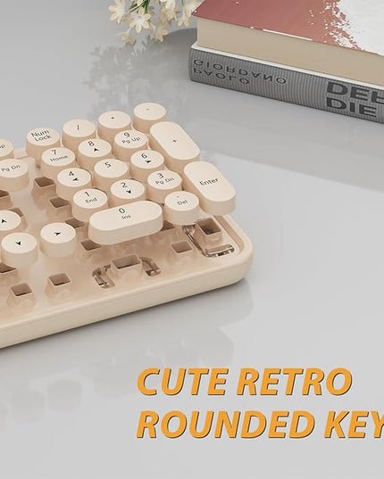 Wireless Keyboard,KOOTOP Cute Colorful 104 Keys Typewriter Retro Round Keycaps Keyboard for PC Laptop,Desktop,Windows, Home and Office Keyboards, s500 coffee