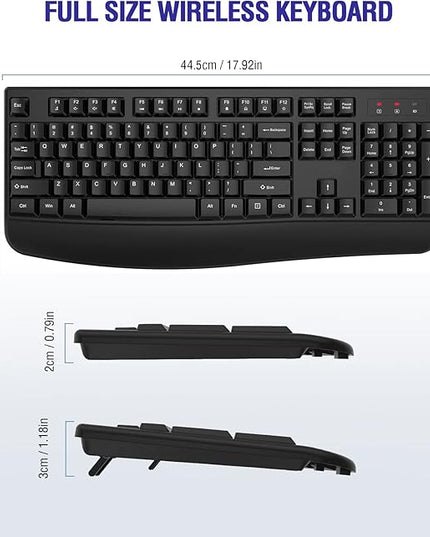 QUASIO Wireless Keyboard, 2.4G Full-Sized Ergonomic Wireless Computer Keyboard with Wrist Rest for Windows, Mac OS Laptop/PC/Desktop/Notebook(Black)