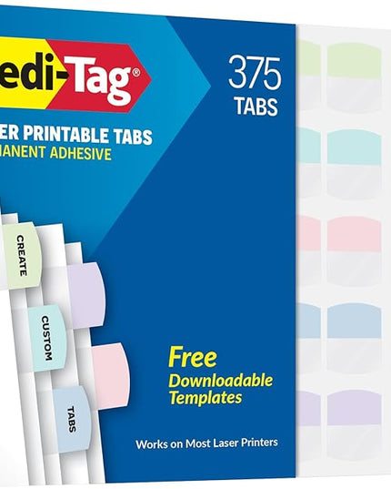 Redi-Tag Laser Printable Tabs, Permanent Index Tabs, Customizable Adhesive Labels, Assorted Pastel Colors, 1.125" x 1.25", 375 Per Pack (1006791)