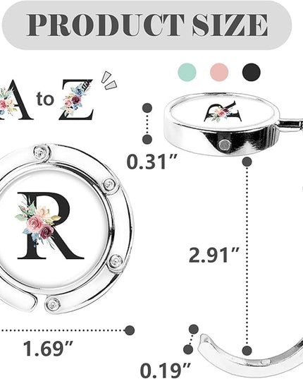 Iqimott 3pcs Personalized Initial Foldable Purse Hook for Table, Flower Letter Folding Handbag Hanger Portable Magnet Table Hook Holder, Collection Desk Purse Hooks for Women Bag (Black-R)