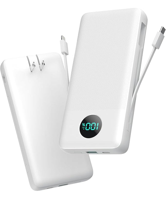 Portable Charger 33800mAh USB C Power Bank with Built-in Cables & AC Wall Plug,25W Fast Charging+QC 4.0 Phone Charger,4 Output Travel Essentials Battery Pack for iPhone16/15/14/13,Samsung,Android etc