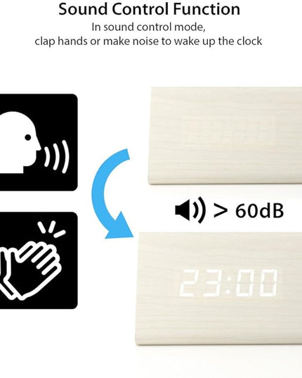OCT17 Wooden Wood Clock, New Version LED Alarm Digital Desk Clock Adjustable Brightness, Alarm Time, Displays Time Date Temperature - White