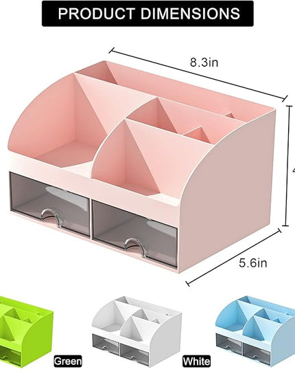 COMFYROOM Desk Organizer with 6 Compartments and 2 Drawers, Plastic Makeup Organizer, Pen Holder for Desktop Storage, Desk Organization for School, Home, Office Supplies (Pink)