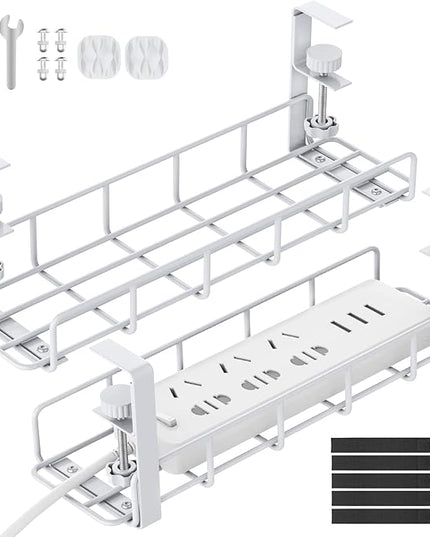 Under Desk Cable Management Tray, 31.5'' No Drill Steel Cable Tray Organizers, Wire Management Tray Cable Rack with Clamp Mount, Metal Under Desk Tray with Wire and Cord Organizer (White, 2 Pack)
