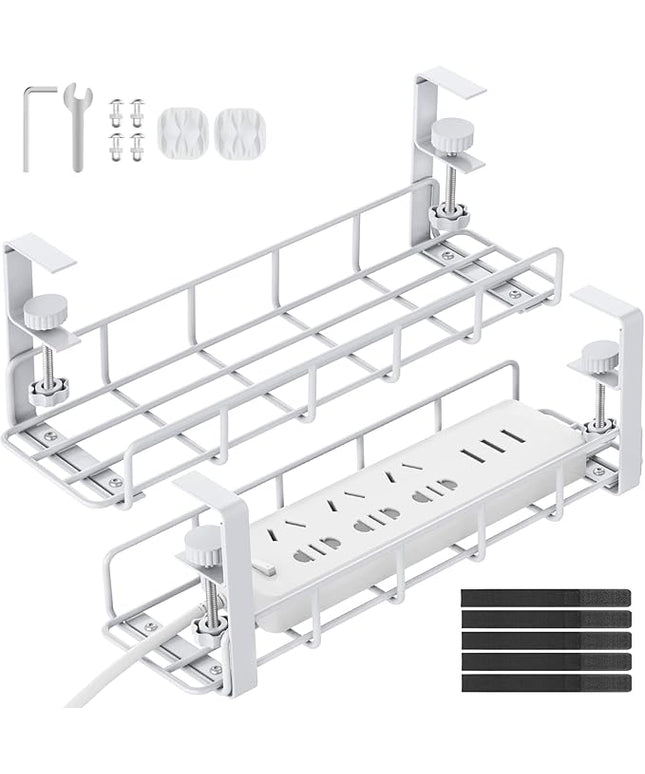 Under Desk Cable Management Tray, 31.5'' No Drill Steel Cable Tray Organizers, Wire Management Tray Cable Rack with Clamp Mount, Metal Under Desk Tray with Wire and Cord Organizer (White, 2 Pack)