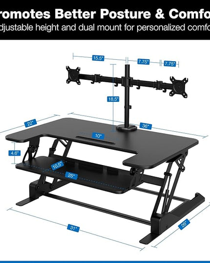 Mount-It! Standing Desk Converter Dual Monitor, 2 Screen Mounts Included, Height Adjustable Desk Riser in Black, Stand Up Desk Convertor Large 36" Wide, Sit Stand Convertor with Manual Lift Gas Spring
