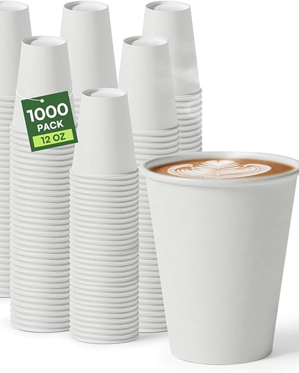 White Paper Cups 12 oz Disposable Coffee Cups, 1000 Pack BPA Free Leak Proof Hot Cups,300GSM Thickened Disposable Cups,Unbleached Hot Cold Drink Cups for Everyday Home Office Coffee Bar Party Supplies