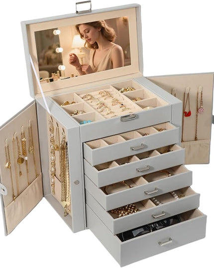 BOOVO Jewelry Box For women, 6 Layer Large Jewelry Organizer With Mirror, Multi-Function Storage Box With Lock, Necklace Holder With 5 Drawers, For Earrings Necklace Bracelet (Silver and Grey)