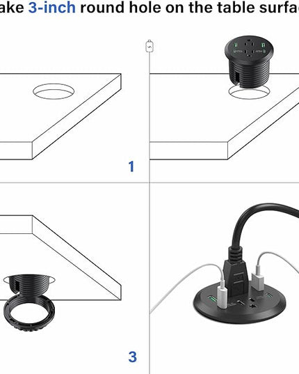 Desktop Power Grommet 3-inch Hole,40W Total Fast Charging Station, 2 PD 20W USB C Port,Flush-Mount Recessed Power Strip, 2 AC Outlets,4 USB Ports,in to The Top of Your Desk,6ft Cord