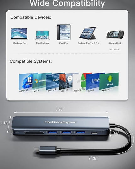 USB C Hub, DockteckExpand 7 in 1 USB-C Multiport Adapter with 4K HDMI, 100W Power Delivery, 3 USB 3.0 Ports, SD/TF Card Reader, for MacBook Pro/Air, iMac, iPad Pro, Surface Pro 7/8, XPS, HP and More