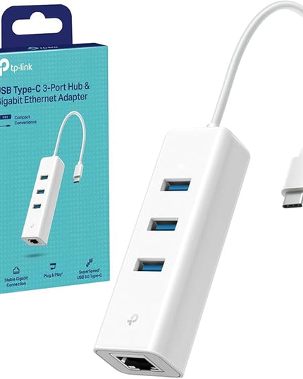 TP-Link UE330C USB-C 3.0 to Ethernet Adapter | Portable 3-Port USB-A 3.0 Hub w/ 1 Gigabit RJ45 Ethernet Port | Laptop Network Adapter | Plug & Play | Supports Win 7/8/8.1/10/11, Mac OS X (10.9-10.15)