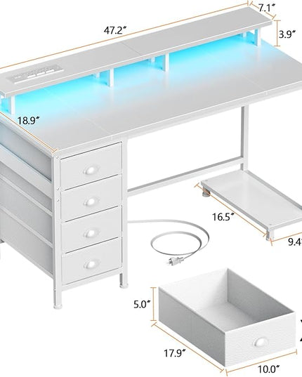 Furologee 47" White Computer Desk with 4 Fabric Drawers & Monitor Stand, Gaming Desk with Power Outlets - LED Lights, Home Office Space-Saving Study Table for Bedroom Small Spaces