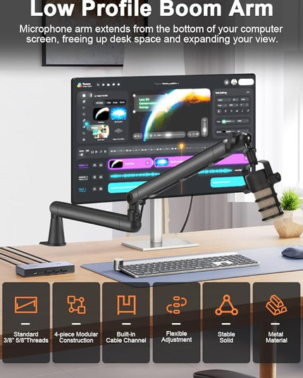Low Profile Mic Arm Stand,Adjustable Desk Clamp Mic Boom Arm with 360°Swivel and Detachable Rise Column，Built-In Cable Management,with Mic Clip 3/8" to 5/8",For Podcasting and Streaming
