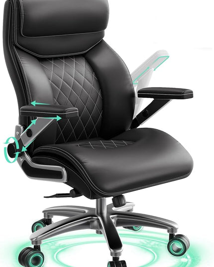 Big and Tall Office Chair with 5D Arms, 600lbs Heavy Duty Desk Chair with Adjustable Lumbar Support, PU Leather High Back Ergonomic Executive Computer Chair with 3'' Silent Casters