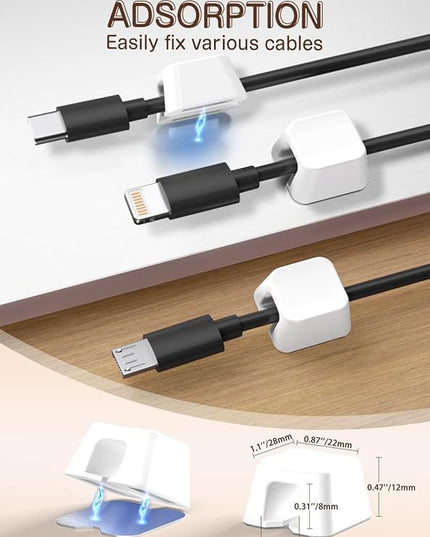 Maveek Magnetic Cable Clips, 5 Pack Square Cord Organizer with Magnets and Metal Plates, Silicone Cable Holders for USB C, HDMI, Ethernet, Charging Cords – Desk, Wall, Office & Car Use (White)