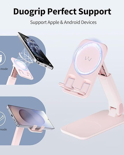 iWALK Magnetic Cell Phone Stand for Desk, Angle and Height Adjustable Mobile Phone Holder, Foldable Magnet Stand for iPhone 17 16 15 14 13 12 Pro Max and iPad, Cell Phone Holder for Samsung, Pink