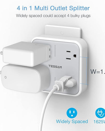 Multi Plug Outlet Splitter, TESSAN Widely Spaced Outlet Extender with 4 AC, Wall Plug Expander Surge Protector for Home, Office, Dorm Essentials