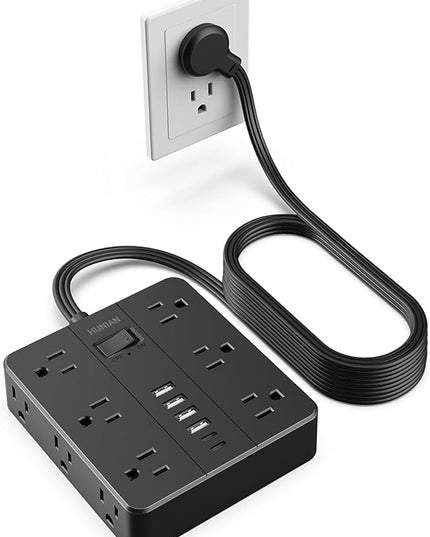Power Strip Surge Protector, Flat Extension Cord Indoor 20 Feet, HUNIAN 12 Widely Spaced Outlets with 6 USB Charger (2 USB C Ports), Desk Charging Station for Home Office Supplies, Dorm Room, Black
