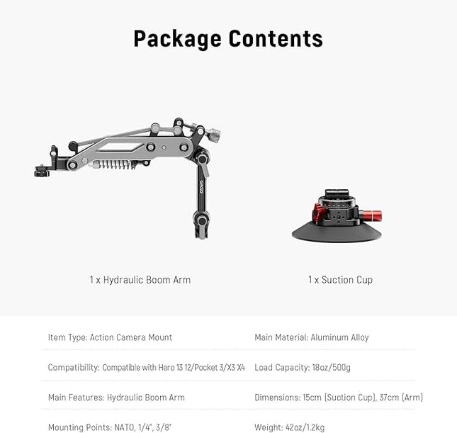 NEEWER Vacuum Suction Cup Car Mount for Action Camera with Hydraulic Boom Arm, NATO Rail, Compatible with DJI Osmo Pocket 3 Insts360 X5 X4 X3 GoPro Hero Adapter Mobile Phone Holder, 500 g Max Load
