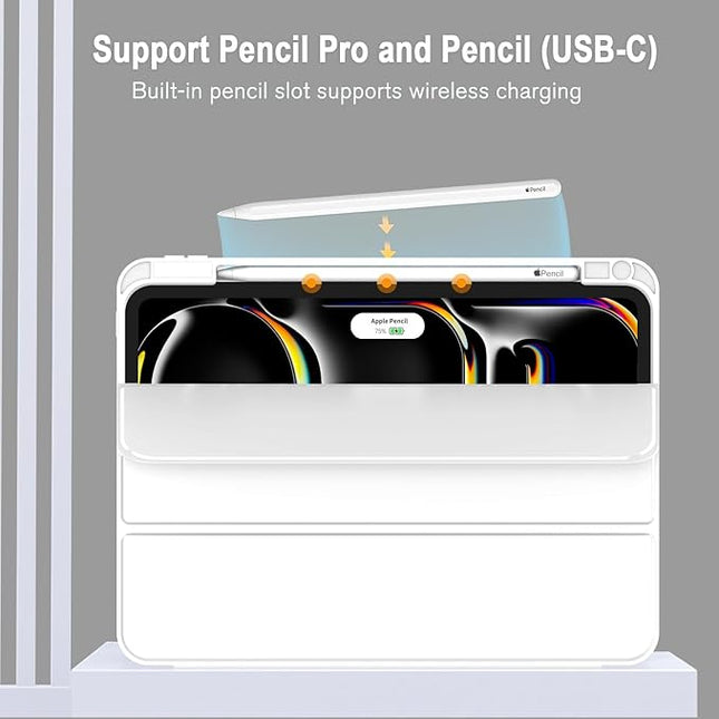 ZryXal iPad Pro 11 Inch Case (M5) 2025/ (M4) 2024 (Model: A2836/A2837/A3006), Trifold Stand Smart Cover with Pencil Holder and Soft TPU Back, Auto Wake/Sleep (White)