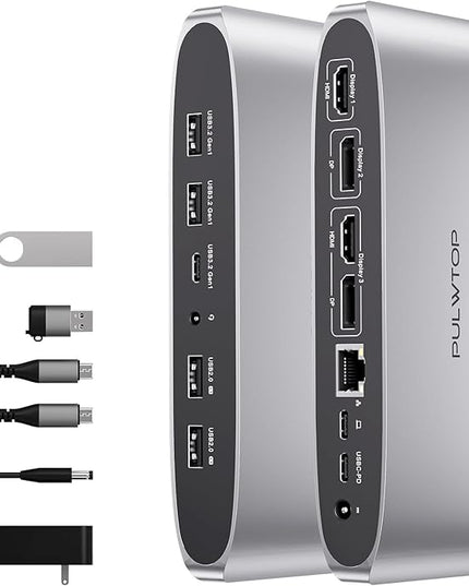 PULWTOP Displaylink Docking Station, Triple Display DisplayLink Dock for MacBook M1/M2/M3 Windows, 4K@60Hz Laptop Docking Station with 2 HDMI, 2 Display Port, PD, USB C Data, 4 USBA, Ethernet, Audio