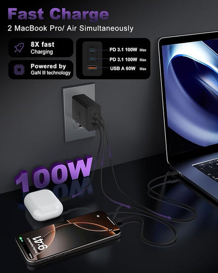 USB C Charger Block 100W, 3-Port GaN Super Fast Charger, Type C Wall Charger Adapter with 10ft USB C Charging Cable for MacBook Pro/Air,iPad Pro, iPhone 16/15Pro, Galaxy S24/S23 and More[2 Pack]-Black