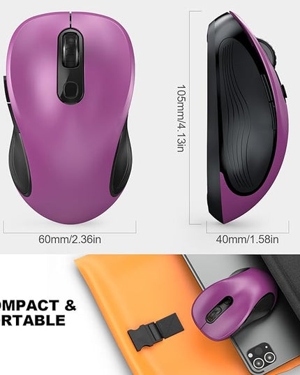 WisFox 2.4G Wireless Mouse for Laptop, Ergonomic Computer Mouse with USB Receiver and Type-C Adapter, 3 Adjustable Levels, 6 Button Cordless Wireless Mice for Windows Mac PC Notebook (Purple)