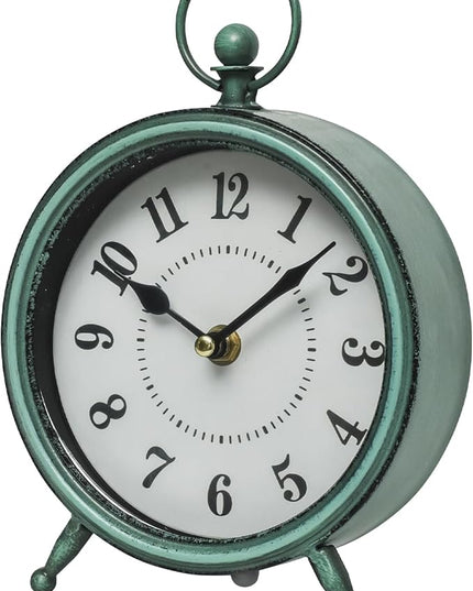 MACVAD Vintage Small Rustic Green Table Clock on Stand - Decorative Desk and Shelf Clock, Battery Operated, Silent Non-Ticking Timepiece Perfect for Office, Living Room, and Bedroom Decor