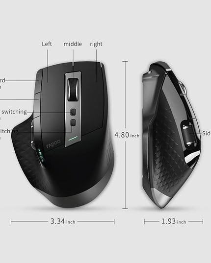 Rapoo Bluetooth Wireless Mouse, 4 Adjustable DPI Rechargeable, Multi-Device (3 Bluetooth+USB) Programmable Ergonomic Mouse with Side Roller, Laser Mouse for Laptop Desktop PC