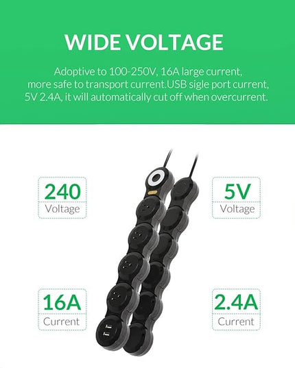 Deformation Power Cord for Large Plug Charger Socket -Flat Plug Power Strip with 2 USB Ports and 4 Multi Outlets, with 6.5FT Extension Cord