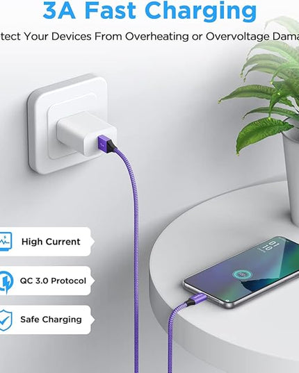 etguuds USB A to USB C Cable 4ft, 2-Pack, 3A Fast Charging Type C Charger Cord for iPhone 17 16 15 Pro Max 16e 17 Air, Samsung Galaxy S25 S24 S23 S22 S21 S20 A17 A16 A56 A55 Flip Fold, Purple