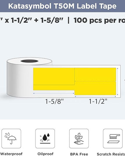 SUPVAN T50M Series Label Maker Tape, 0.98'' × 1.5'' + 1.58'' (25 × 38 + 40mm) 100 Labels/Roll Genuine Laminated Thermal Cable Label, Waterproof Oilproof Highly Adhesive Auto Detect Labels, Yellow