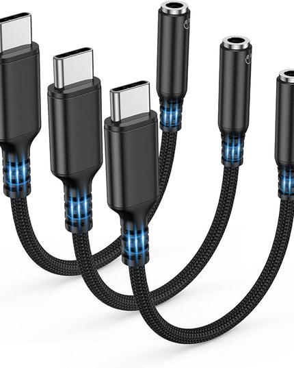 Highwings USB Type C to 3.5mm Female Headphone Jack Adapter, (3-Pack) USB C to Aux Audio Dongle Adapter Compatible with iPhone 17 Pro Max/16 Pro/16, Samsung Galaxy S25/S24/S23 Ultra, iPad Pro-Black