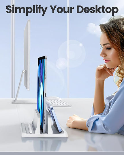 Vaydeer Vertical Laptop Stand Holder Plastic Adjustable Desktop Notebook Dock Space-Saving 3 in 1 for All MacBook Pro Air, Mac, HP, Dell, Microsoft Surface, Lenovo, up to 17.3 inches (White)