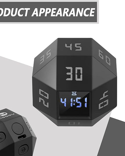 Mini 12-Sided Cube Timer with Preset Countdowns of 1-3-5-10-15-20-25-30-45-60-90 Minutes, Rechargeable Time Management Tool for ADHD, Study, Cooking, Focus (Grayish White)