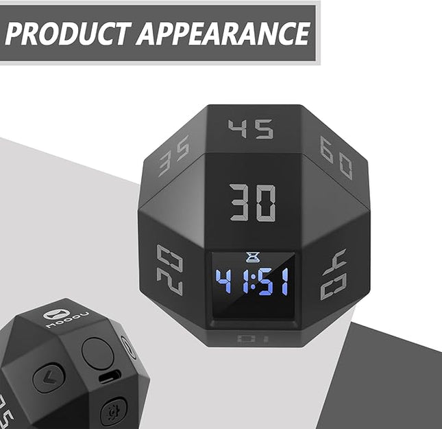 Mini 12-Sided Cube Timer with Preset Countdowns of 1-3-5-10-15-20-25-30-45-60-90 Minutes, Rechargeable Time Management Tool for ADHD, Study, Cooking, Focus (Grayish White)