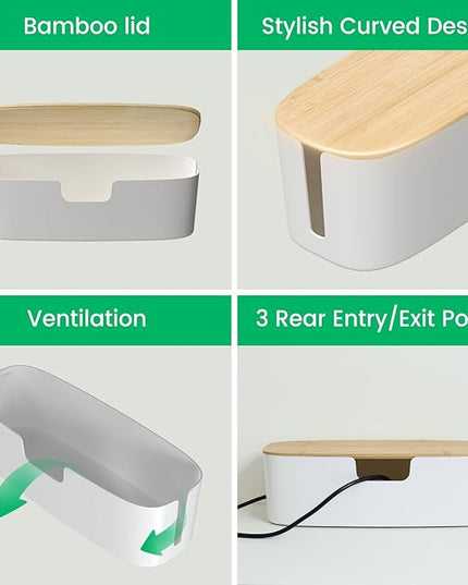 Large Cable Management Box - Cord Organize Box with Bamboo lid for Safe Home & Office, Cord Hider for Power Strip Under Desk, Cover TV Wires, Child & Pet Proof Cord Box, White