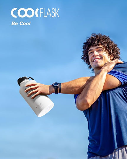 Coolflask Half Gallon Water Bottle Insulated with Straw & 3 Lids, 64 oz Water Jug Large Metal Stainless Steel Wide Mouth for Sports, Gym or Office, Non-BPA Keep Cold 48H Hot 24H, White